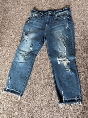 Judy Blue Ripped Cropped Ankle Jeans in Washed Blue